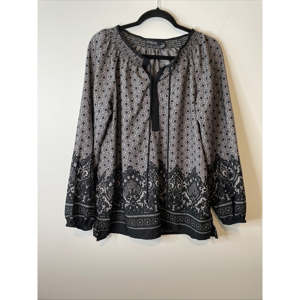 Jaquline Design Studio XL Black Paisley Border Print Peasant Blouse Tunic